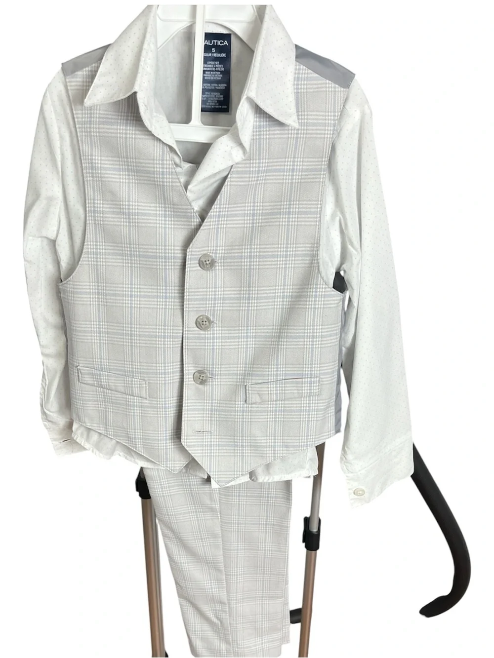 Nautica Boys 3-Piece Plaid Vest Pants & Dress Shirt Suit Set Gray White - Size 5
